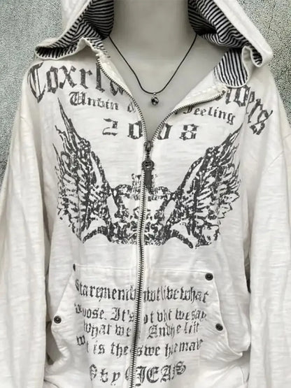 Vintage Sweatshirts 2025 Women's Clothes White Print Tunic Hooded Y2k Coat Streetwear Fashion Casual Hoodies Tops Ropa Mujer.