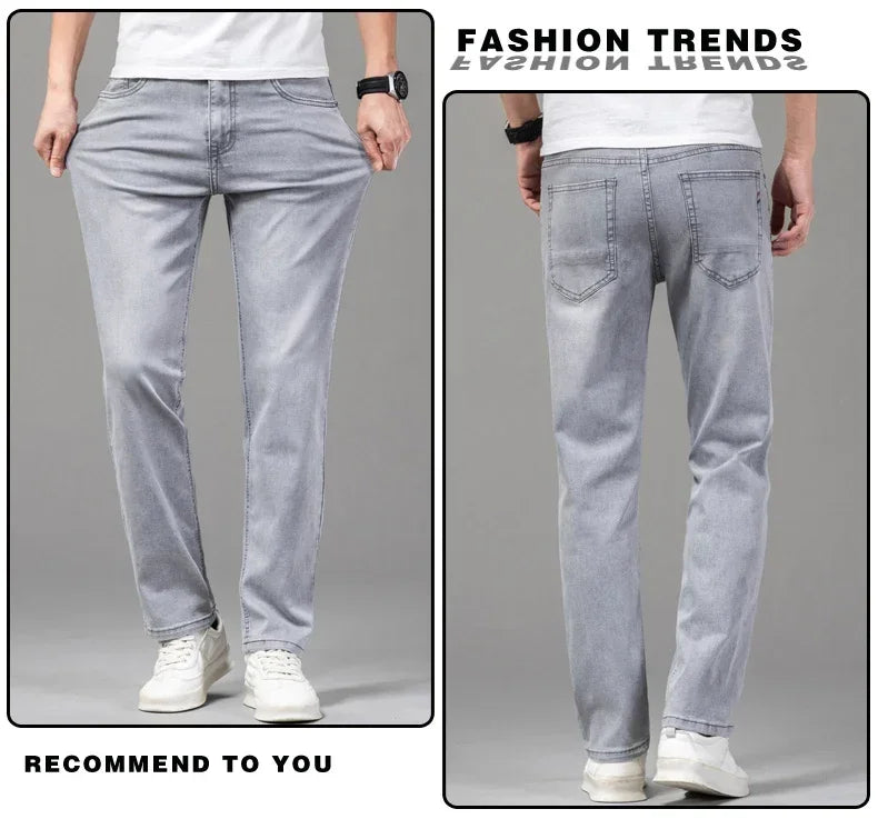 Summer Thin Men's Elastic Cotton Jeans Fashion Gray Comfortable Business Straight Casual Pants Brand Male Clothes Trousers.