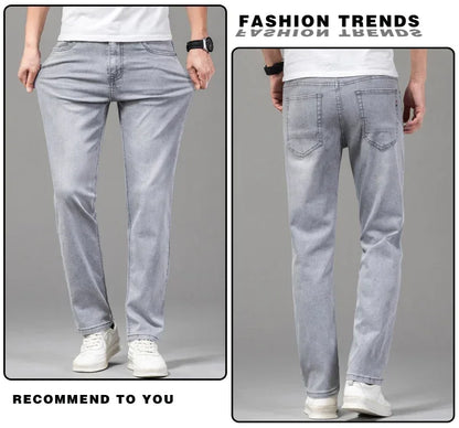 Summer Thin Men's Elastic Cotton Jeans Fashion Gray Comfortable Business Straight Casual Pants Brand Male Clothes Trousers.