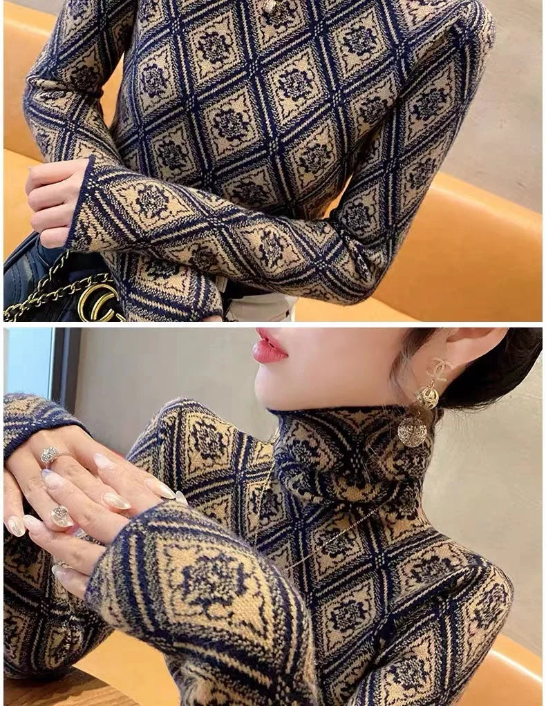 Frauen Kleidung Mode Rollkragen Argyle Stricken Pullover Herbst Winter Elegante Chic Schlanke Langarm Pullover Büro Dame Y2K Top.