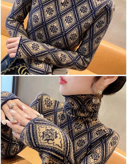 Frauen Kleidung Mode Rollkragen Argyle Stricken Pullover Herbst Winter Elegante Chic Schlanke Langarm Pullover Büro Dame Y2K Top.