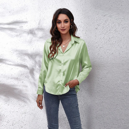 Autumn Women Solid Satin Shirt Long Sleeve Imitation Silk Loose Button Up Blouse Shirt Ladies Tops Fashion Clothing