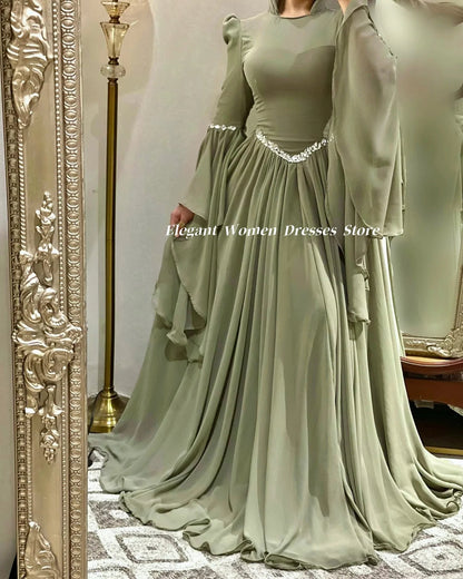 Abendkleider für muslimische Frauen, langärmelig, Sommer-Chiffon-Partykleider, A-Linie, Salbeigrün, Abendkleid فسات Cosa •М •М.