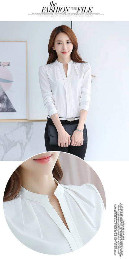 Chiffon Blouse Women Korean Fashion Women Clothing White Shirt  Long Sleeve Blouses V-neck Womens Tops Basic Shirts and Blouses