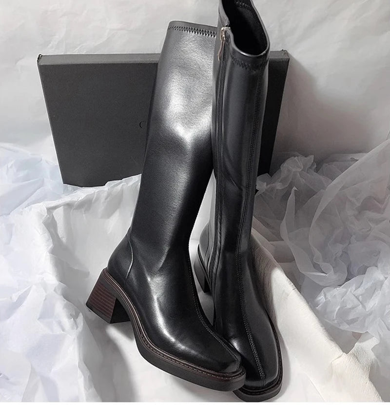 Vintage Thick Heel Women Knee High Boots Fashion Side Zippers Shoes Autumn Winter Ladies Concise Long Botas De Mujer.