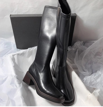 Vintage Thick Heel Women Knee High Boots Fashion Side Zippers Shoes Autumn Winter Ladies Concise Long Botas De Mujer.
