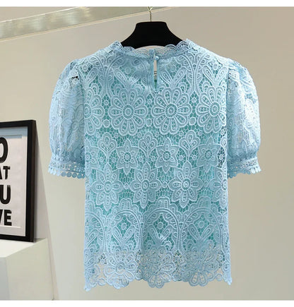 Loose Straight Korean Style Summer Top Pure Color Hooked Hollow out Ladies Lace Shirt Overhead Bubble Sleeve Women's Fashion.