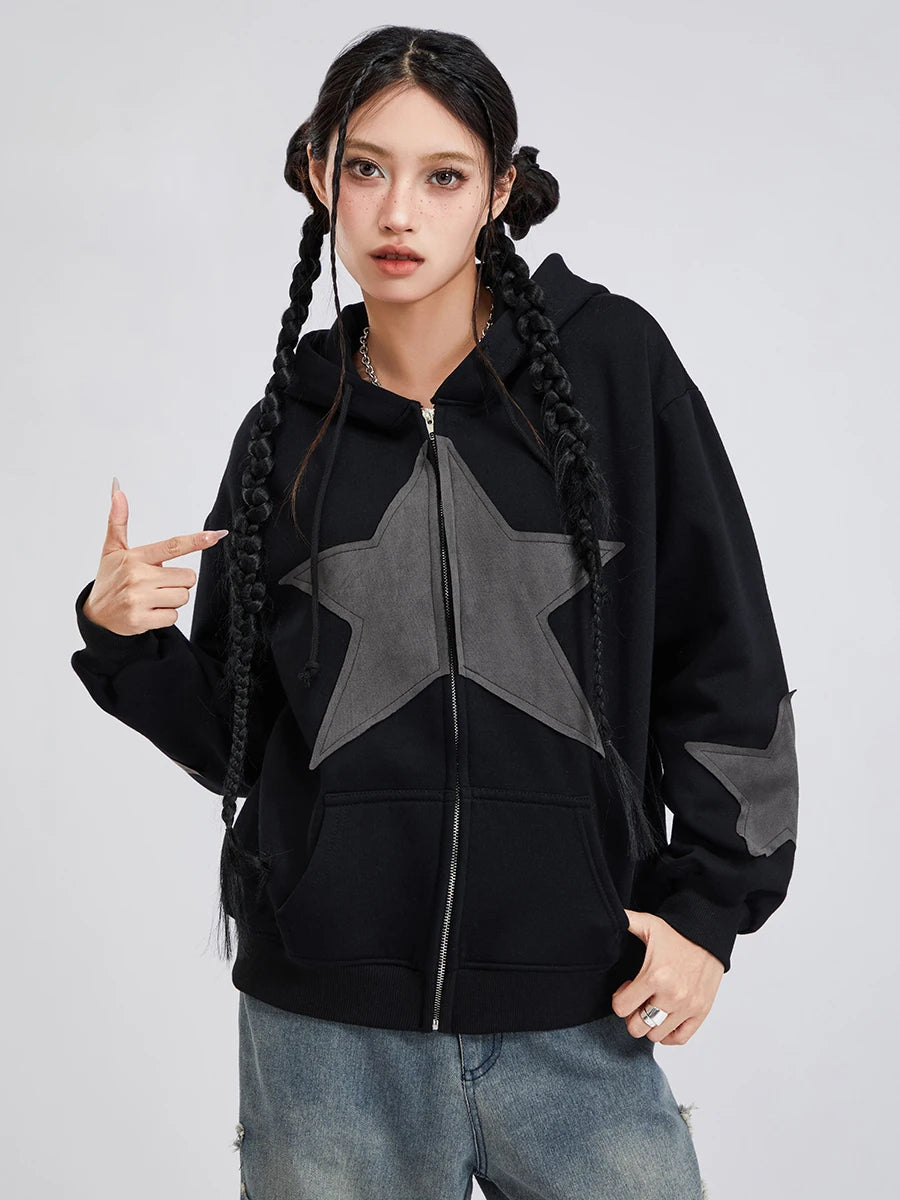 Y2K Vintage Star Print Hooded Hoodie for Women Casual Loose Long Sleeve Zip Up Drawstring Sweatshirts Autumn Spring Coat Street.