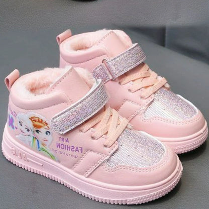 Disney Children Winter Ankle Snow Boots Cartoon Princess Elsa Frozen Pink Casual Shoes For Girls Warm Outdoor Shoes Size 26-37.