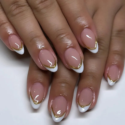 3D Gold Line White French Nail Art Classic Simple Wearable Fake Nails Detachable Finished False Nails Press on Nails with Glue.