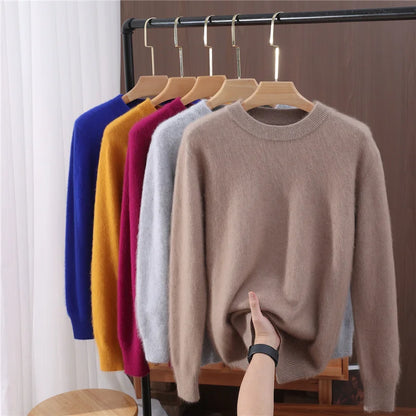 Women's Round-neck Mink Cashmere Sweater Soft Pullover Jumper Comfortable Knitted Top for Autumn Winter Pure Mink Material.
