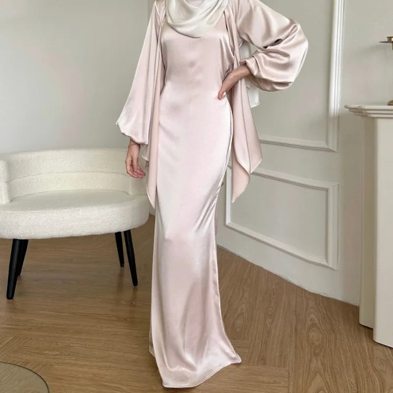 2-teiliges Saudi-Arabien muslimisches Damen-Abaya-Kleid aus Satin für Damen, Islam, Dubai, Urlaub, bescheidene Kleidung, 2024, elegante türkische Robe.