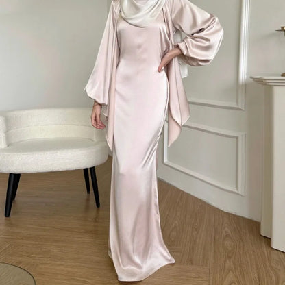 2-teiliges Saudi-Arabien muslimisches Damen-Abaya-Kleid aus Satin für Damen, Islam, Dubai, Urlaub, bescheidene Kleidung, 2024, elegante türkische Robe.