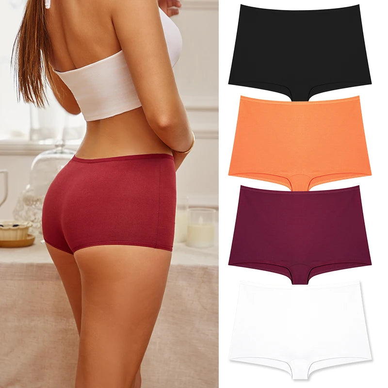 4PCS/Set Women Cotton Panties Sexy Low Rise Boyshorts Seamless Sports Boxers Female Comfortable Underwear Solid Color Lingerie.