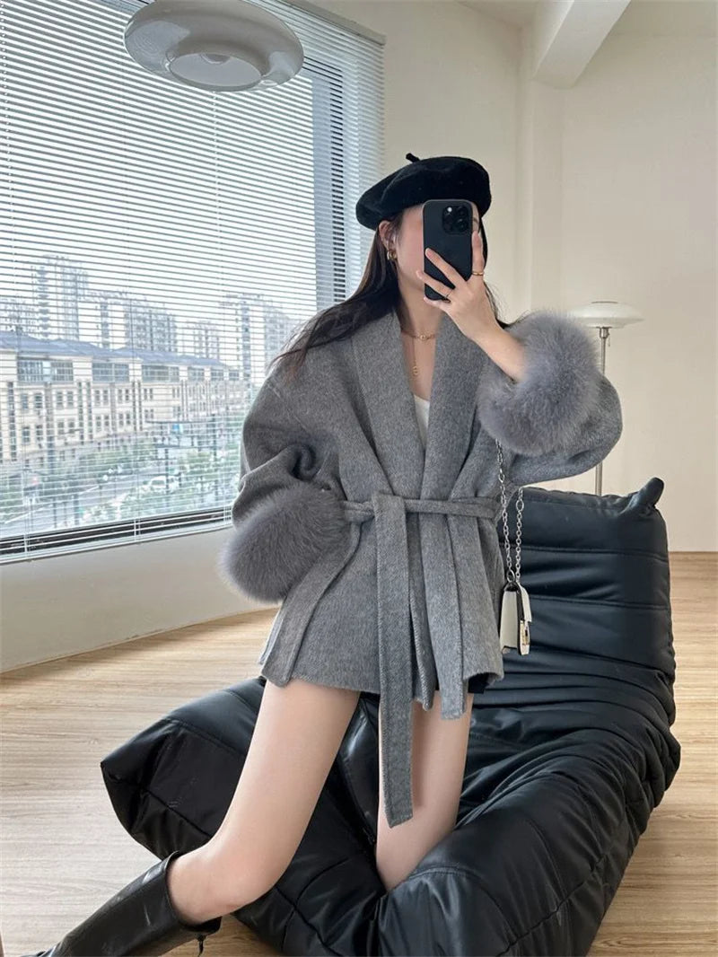 Mode Woolen Jacke mit gürtel Frauen Mantel 2025, Neue Herbst Winter Temperament Lose Strickjacke Weibliche Outwear.