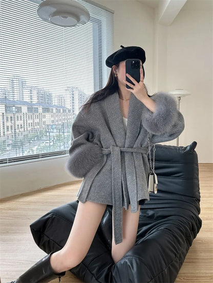 Mode Woolen Jacke mit gürtel Frauen Mantel 2025, Neue Herbst Winter Temperament Lose Strickjacke Weibliche Outwear.