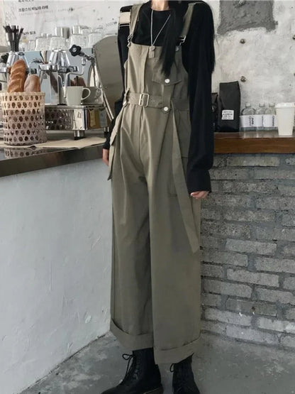 Jumpsuits Women Design Loose Fashion Vintage Students Spring Korean Style Straight Leisure Belt Simple Solid Elegant Tender Cozy.