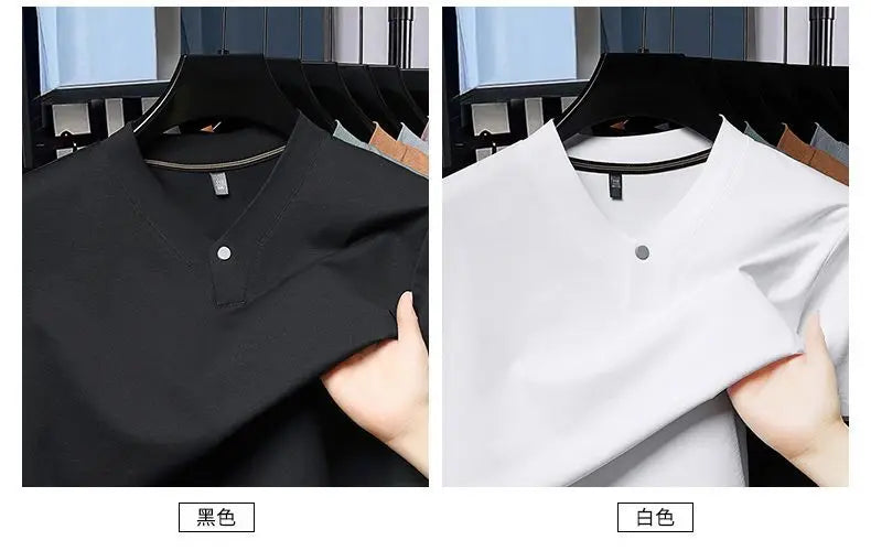 Men's T-shirt Classic V-Neck Short Sleeved Cotton Solid Button Super Soft High Quality L-4XL Casual Tshirt Design Men Tee Shirts.