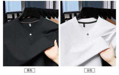 Men's T-shirt Classic V-Neck Short Sleeved Cotton Solid Button Super Soft High Quality L-4XL Casual Tshirt Design Men Tee Shirts.