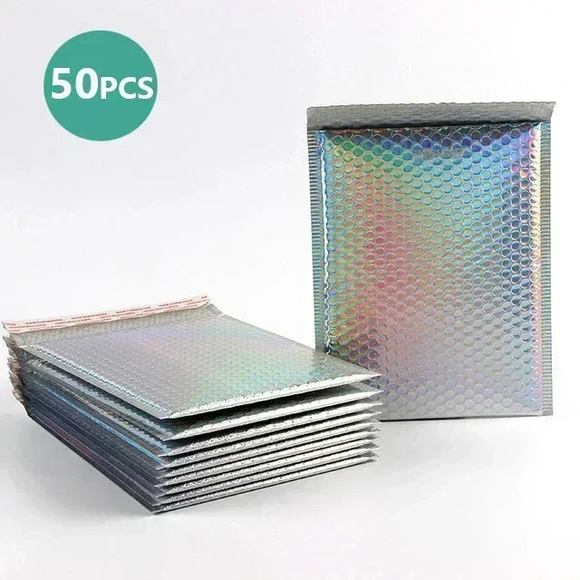 50Pcs Bubble Mailer Shipping Bag Multi Color Holographic Small Business Supplies Metal Bubble Mailer Bags Envelope Mailing