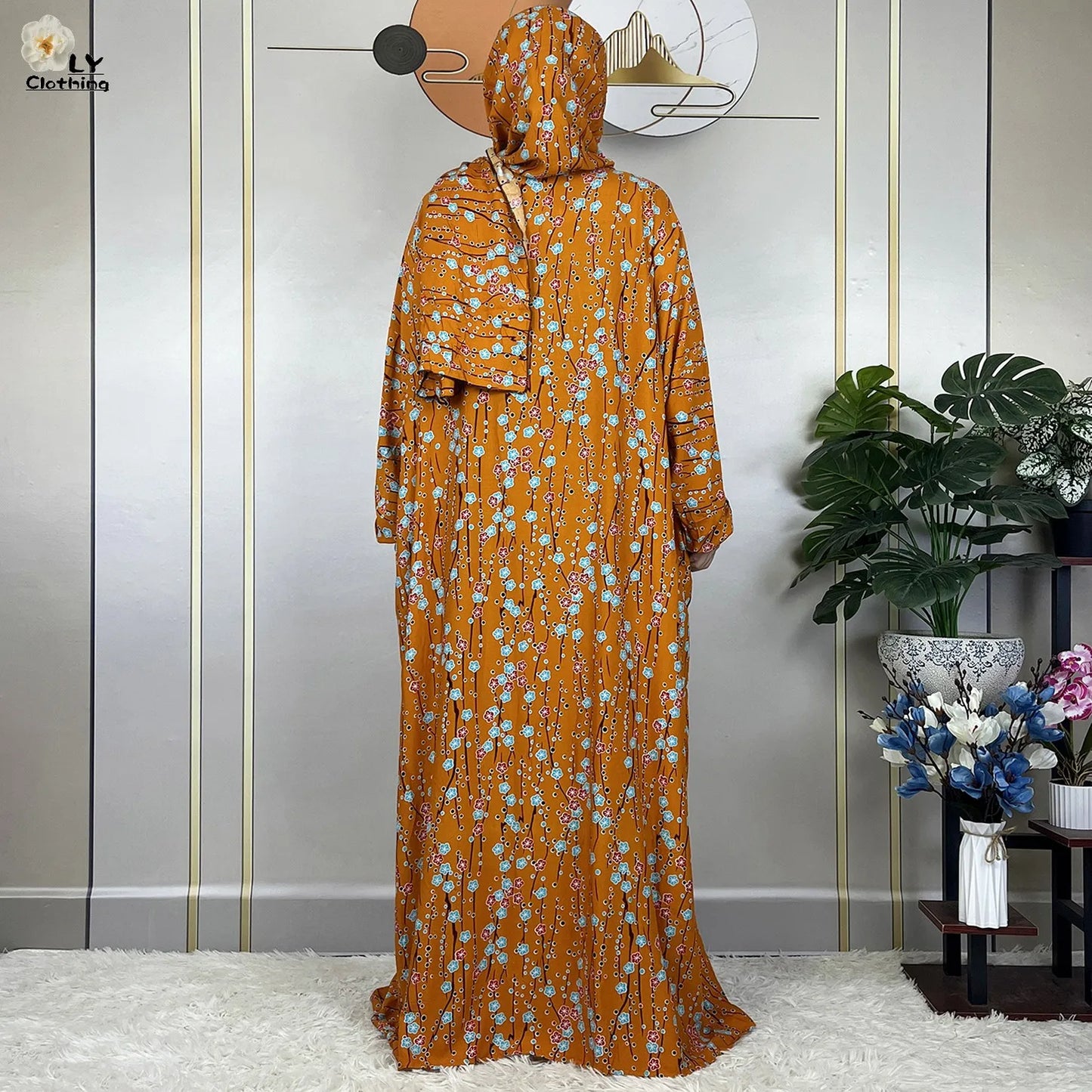 New Muslim Long Sleeved Cotton For Women Ramadan Prayer Turkey Middle East Femme Robe Floral Loose African Abaya Dress Scarfs.