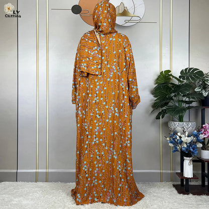 New Muslim Long Sleeved Cotton For Women Ramadan Prayer Turkey Middle East Femme Robe Floral Loose African Abaya Dress Scarfs.