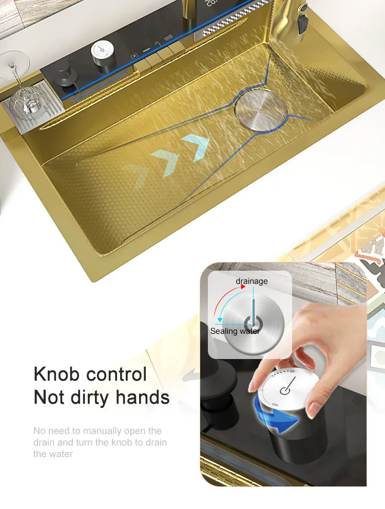 Golden Stainless Steel Waterfall Kitchen Sink Gold Embossed Extra Large Single Slot Digital Display Dishwashing Basin 100x50cm