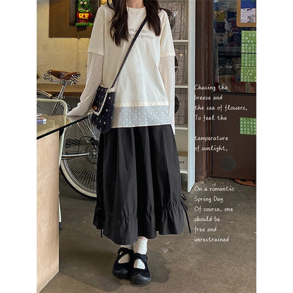 Vintage Black Midi Skirt Women Japanese Harajuku Drawstring Bud Skirts Summer Streetwear Korean Casual Design A Line Faldas New.