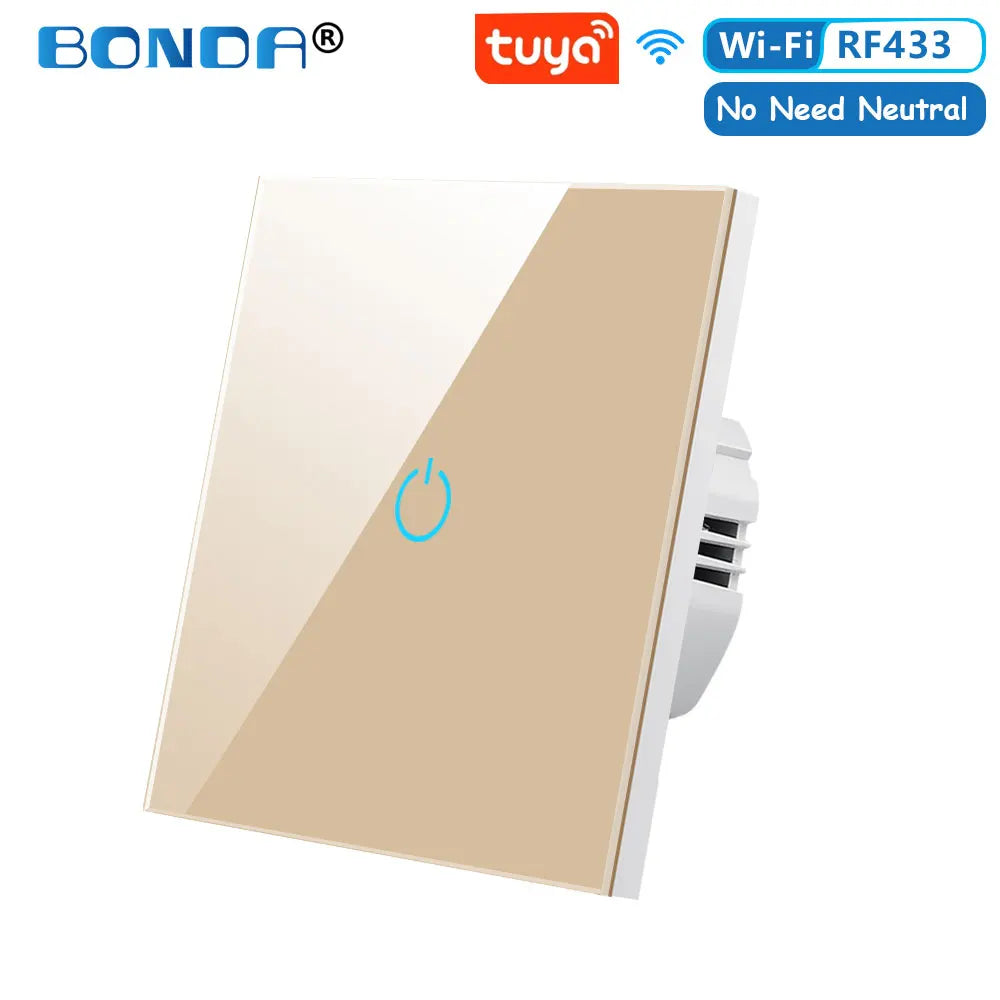 BONDA Smart Switch Alexa RF433 Keine neutrale Tuya-Steuerung funktioniert mit Google 1/2/3 Gang Smart Life Home Light WiFi Touch Switches 86