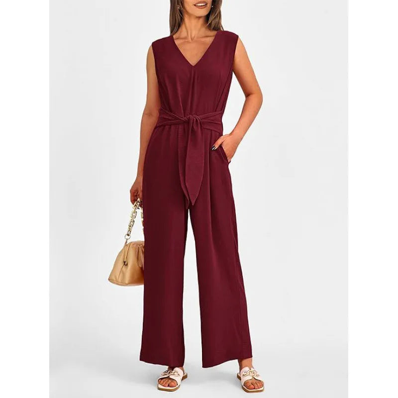Summer High Waist Lace-up Jumpsuits Women 2025 New Sleeveless V-neck Side Pocket Solid Casual Jumpsuit Office Ladies Rompers