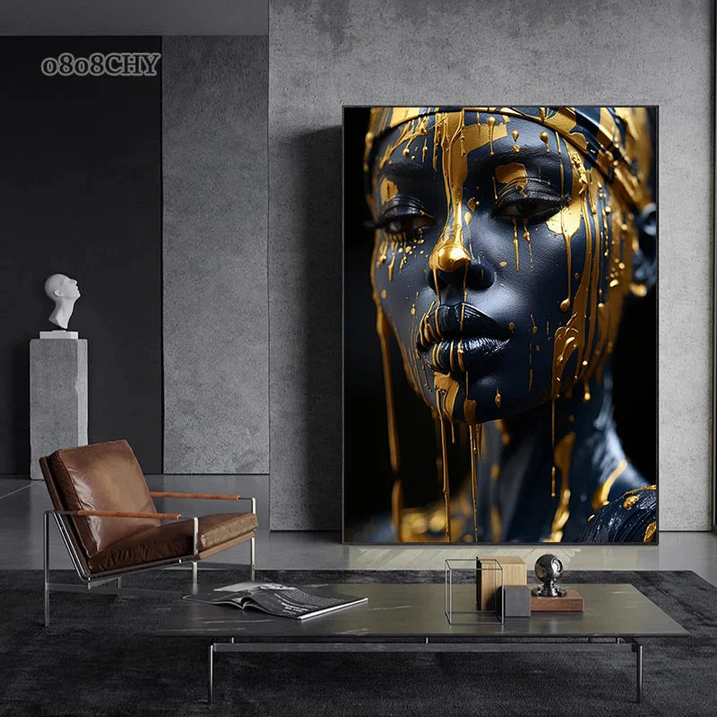 Golden Radiant African Beauty Art Posters Print Canvas Painting Modern Fashion Portrait Wall Art Mural for Liivng Room Decor.
