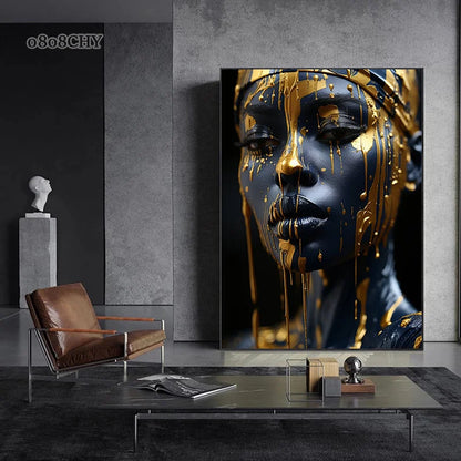 Golden Radiant African Beauty Art Posters Print Canvas Painting Modern Fashion Portrait Wall Art Mural for Liivng Room Decor.