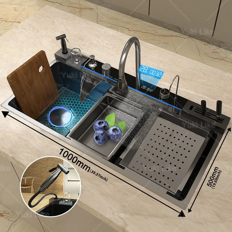Edelstahl-Wasserfall-Küchenspüle, extra groß, Einzelschlitz, Digitalanzeige, Wasserhahn-Set, Tassenwaschbecken, Waschbecken, 100 x 50 cm