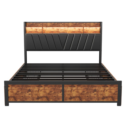 Lazyspace Metall-Doppelbett 160 x 200 cm mit 4 Schubladen, Bettrahmen mit USB-Ladeanschluss und LED-Kopfteil, schwarz, ohne Matratze