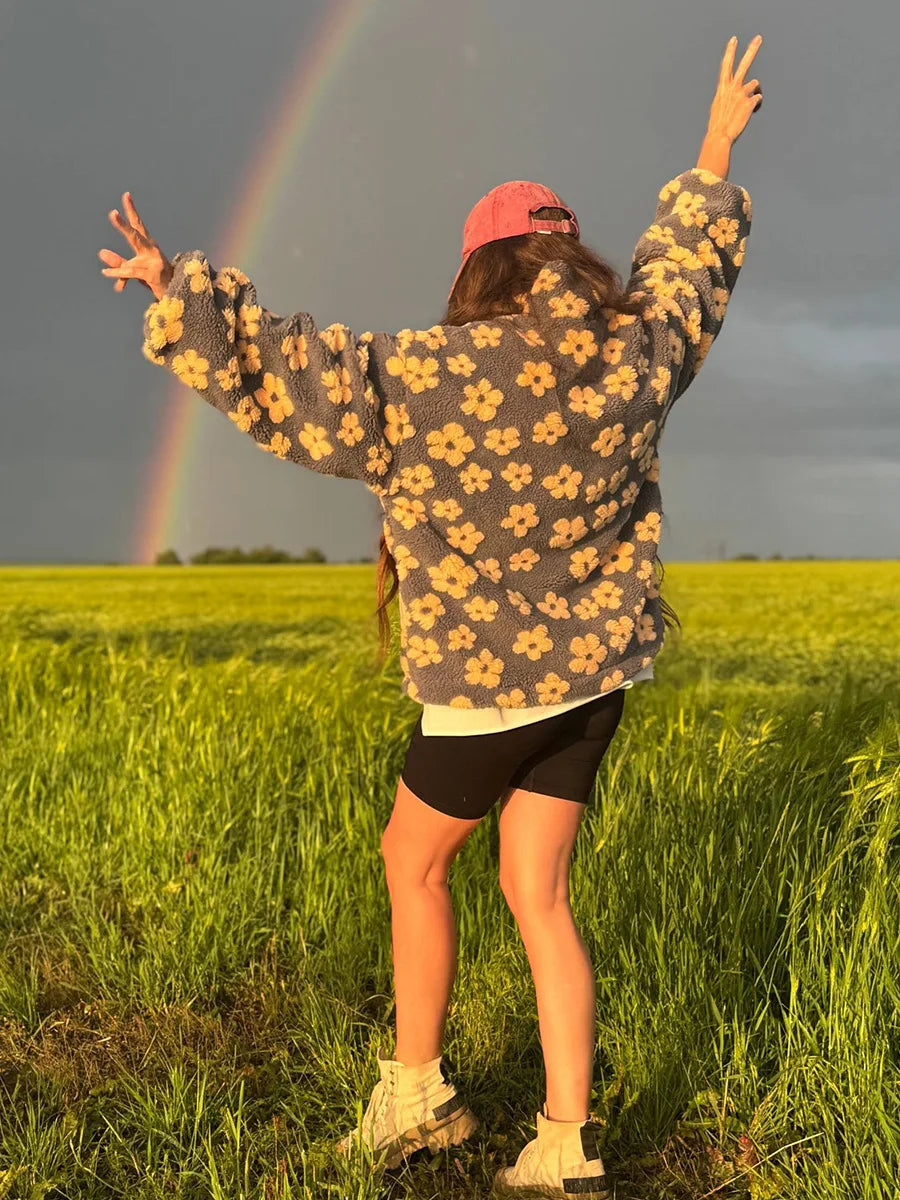 Sumuyoo Autumn Winter Women's Sherpa Floral Pullover Hoodies Half Zip Style Loose Fit Warm Stylish New Sweatshirt