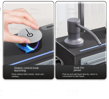 Kitchen 304 Stainless Steel Waterfall Sink, Large Single Slot, Digital Display Embossed Washing Basin Household Dishwashing Sink