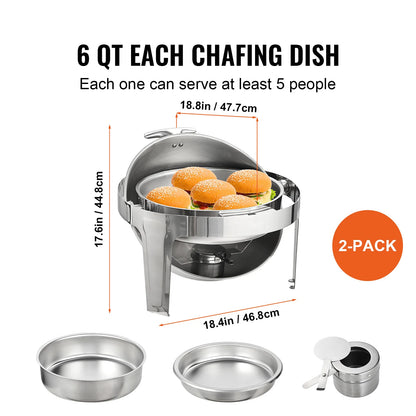 SucceBuy Roll Top Chafing Dish Buffet Set 6 Qt 2 Pack Stainless Steel Chafer with 2 Full Size Pans Round Catering Warmer Server.