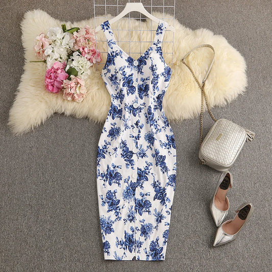 ALPHALMODA-Stretchy Tank-Kleid für Damen, schmales Baumwollkleid, einreihig, Blumendruck, elegant, Sommer, neu.