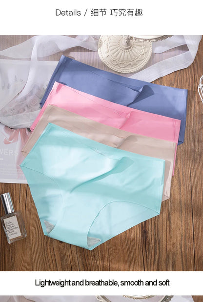 3Pcs Plus Size Underwear Women's Panties Ice Silk Solid Color Ladies Seamless Underpant Girls Briefs Breath Sexy Lingerie Female.