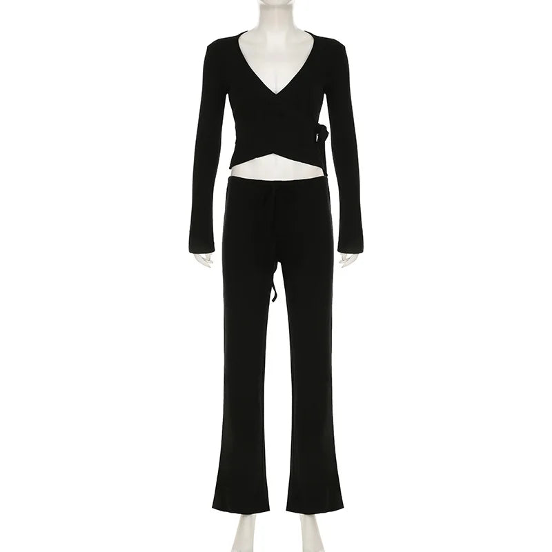 Apprabant Casual Fashion Drawstring High Waist Trousers Set Lace Up Flared Sleeve V Neck Twist Tops Plush Loose Pants Suit