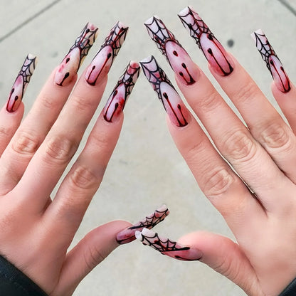 24pcs Glitter Pink Sequins Fake Nails 2025 Halloween Scary Skull Love Print False Nails Wearable European Ballet Press on Nails.