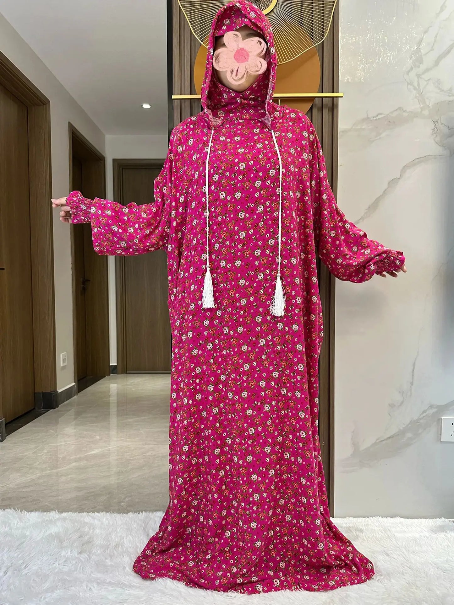 New Ramadan Muslim Two Hats Abaya Dubai Turkey Islam Prayer Clothes Floral Cotton Long Dress Islam Women Dress Kaftan.