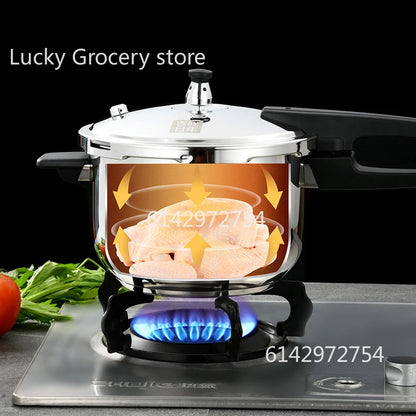 Stainless steel pressure cooker, stove compatible, used for safe cooking, canning, and stewing.