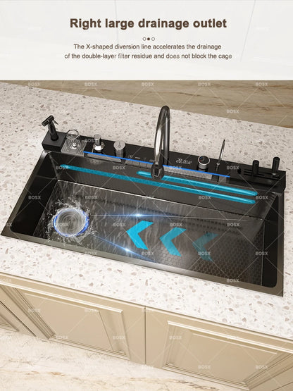 Küchenspüle, Wasserfall-Waschbecken aus Edelstahl, extra großer Einzelschlitz mit Digitalanzeige, Wasserhahn-Set für die Küche