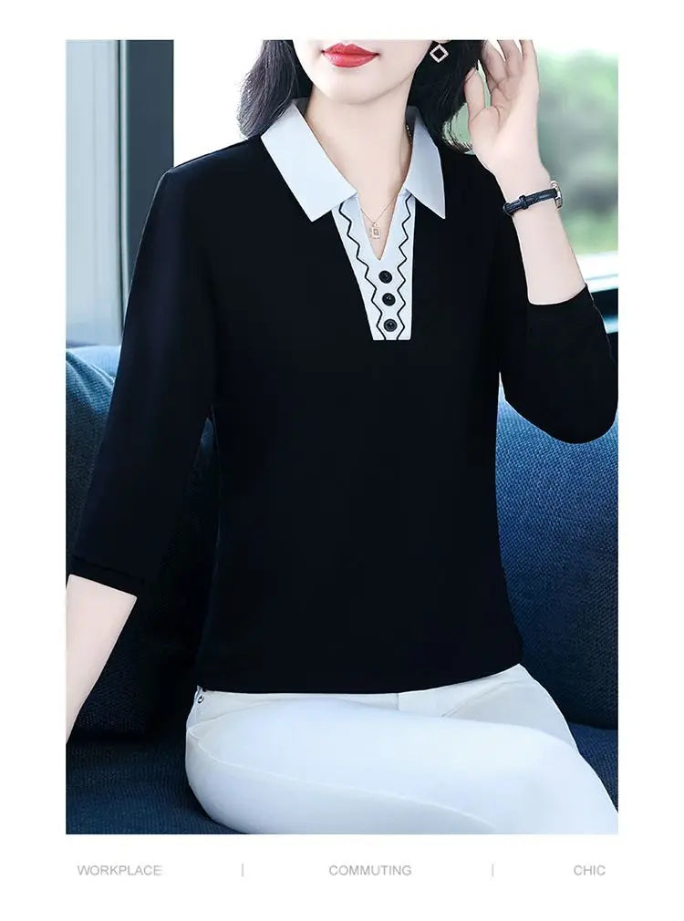 2025 Autumn New Women Clothes Office Lady Simplicity Patchwork Polo-Neck Top Tee Ladies Fashion Loose Buttons Long Sleeve Shirts