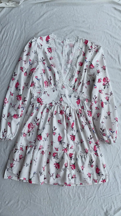 Frühling Herbst frauen Neue Kleid Temperament Süße Druck V-ausschnitt Laterne Hülse Spitze Hohe Taille Kurzes Kleid