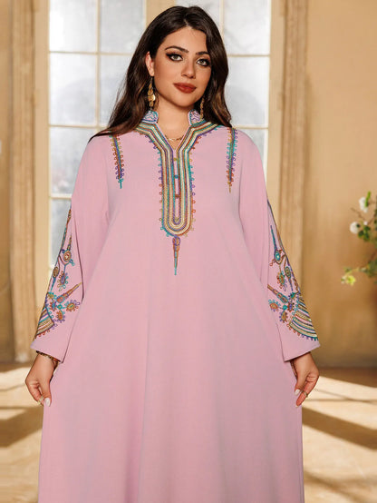 2025 Dubai New Inspired Pink Muslim Abaya Colorful Embroidery on Neckline & Sleeves Perfect for Middle Eastern Cultural Events.