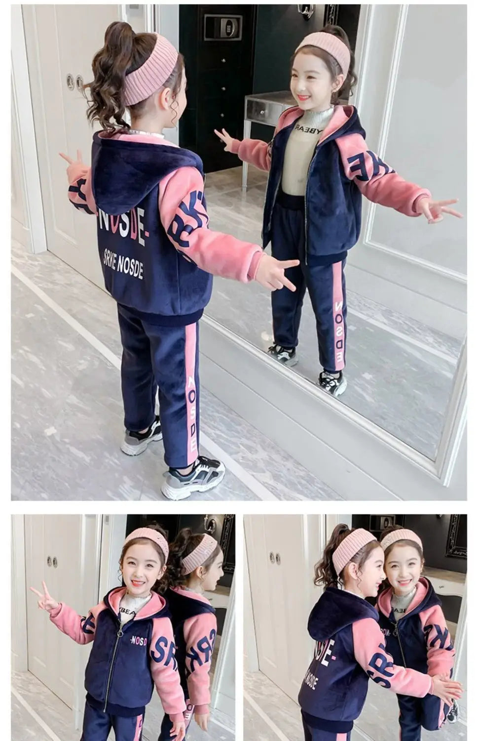 New Winter Keep Warm Girls Clothing Set Padded Lining With Plush Velent Hooded Jacket+Pants 2pcs Suit For 3-12 Years Kids.