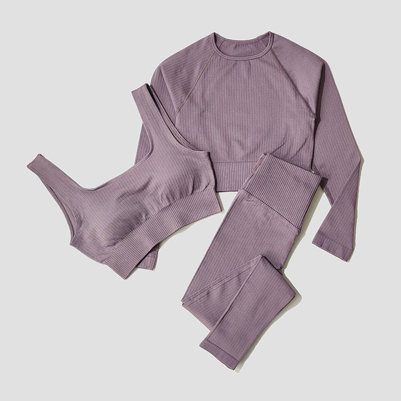 Women's Sportswear Yoga Set Workout Clothes Athletic Wear Sports Gym Legging Seamless Fitness Bra Crop Top Long Sleeve Yoga Suit