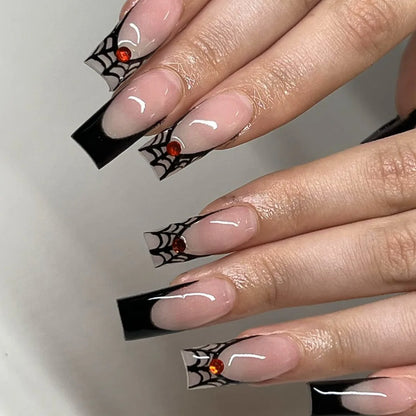 24pcs Sliver Spider Design Fake Nail Halloween Gothic Punk False Nail Tips Wearable European Heavy Metal Almond Press on Nails.